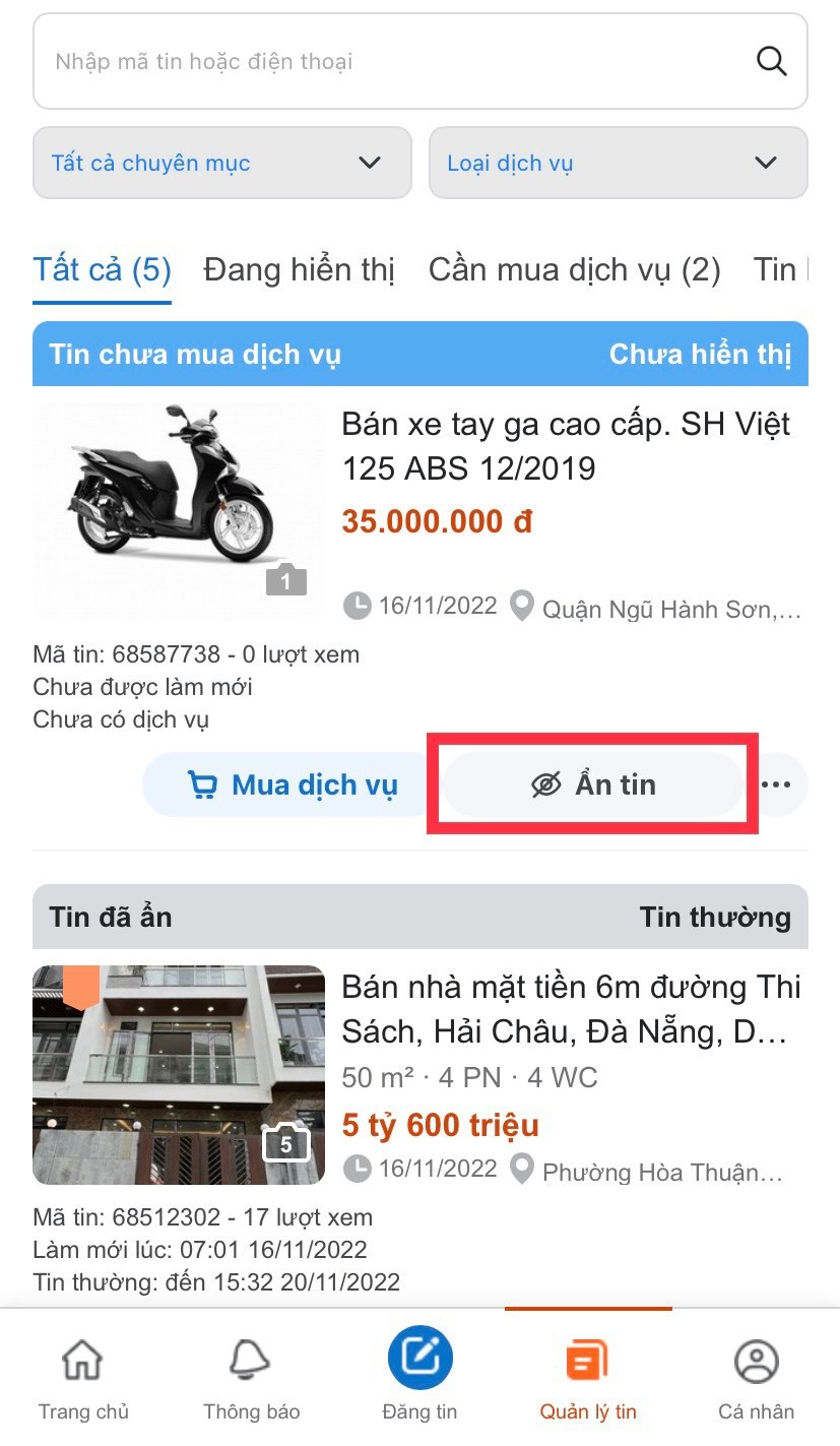 Cách Ẩn tin đã đăng