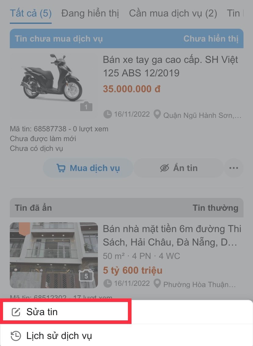 Cách Sửa tin đã đăng